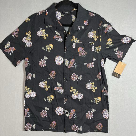 NWT Vans Shirt Mens Small Black Mushrooms Button Up Short Sleeve Skater Grunge - Picture 1 of 9